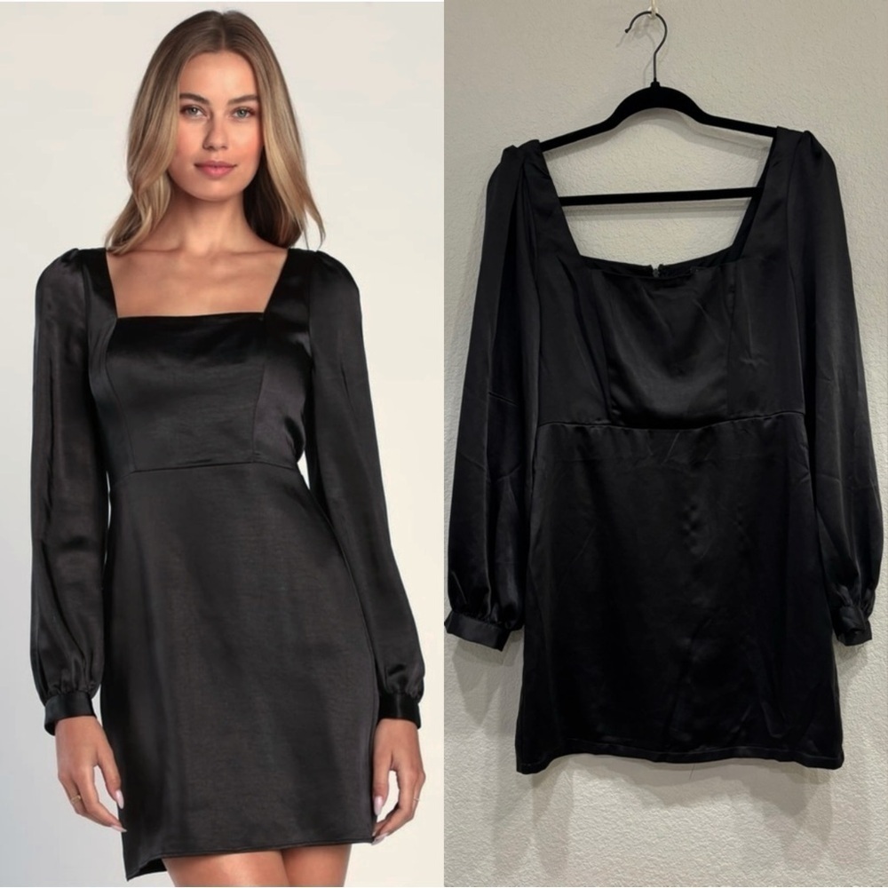 NWOT‎ Lulus Got The Love Black Satin Square-Neck Mini Dress